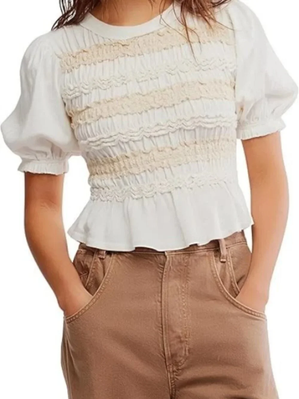 Free People Maxey Knit Top Smocked Cropped Fitted Puff Sleeve Ivory S
